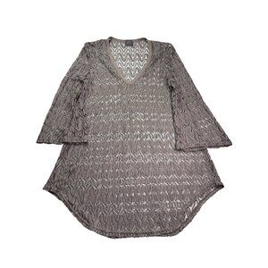 Elif Jordan Taylor Womens V-Neck Tunic Top Lacy Sheer Long Sleeve M Bronze Brown